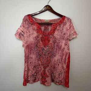 One World 2X Boho Paisley Lace Knit Top Pink Crochet Neck Short Sleeve Plus Size